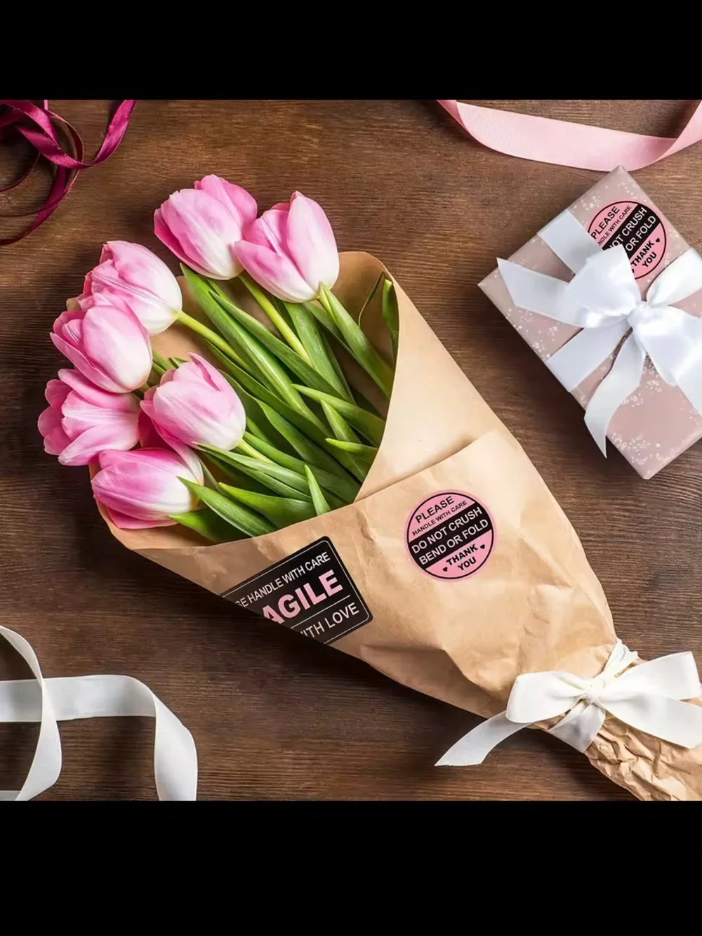 100 Fragile Handle With Love Pink & Black Shipping Stickers